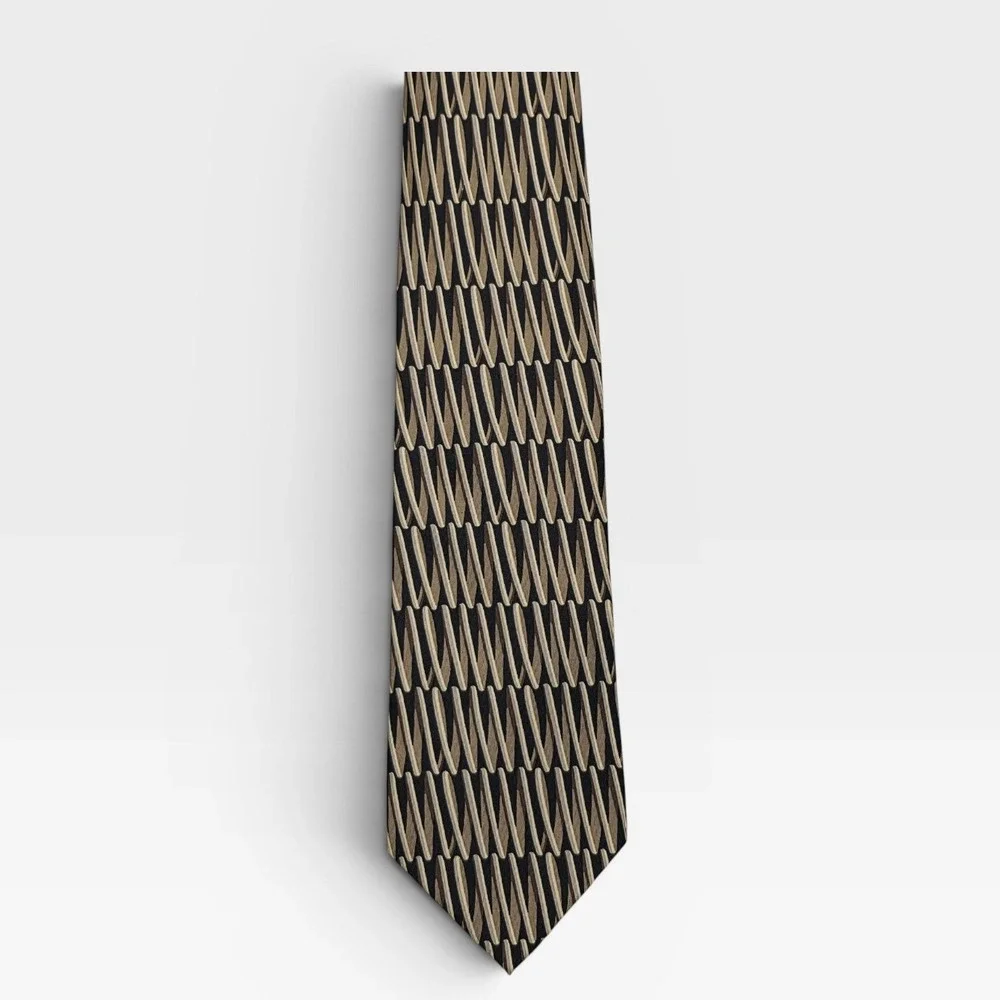 Gucci Mens Silk Tie Geometric Zig Zag Tan Brown Black Made in Italy Luxury